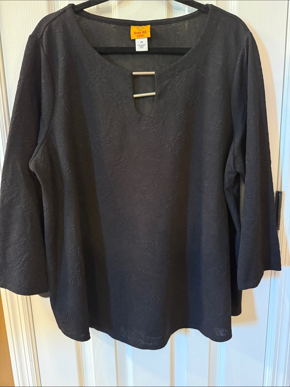 Ruby Rd. Black Textured Keyhole Pullover with Metal Bar